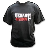 A black t-shirt with the words "urban strides" designed for youths.