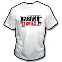 A white t-shirt with the words urban strides on it.